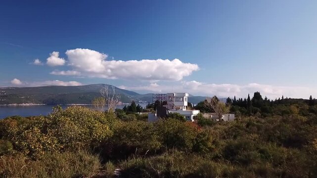 Lost place: helicopter landing area and the control tower, Prevlaka, Croatia, drone clip
