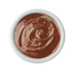 Tasty melted chocolate in bowl isolated on white, top view