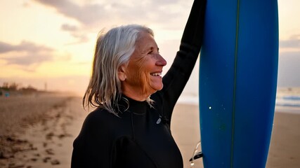 Senior Woman Surfer at Sunset on Beach