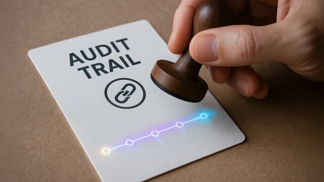 Audit trail with hand holding wooden stamp and glowing digital workflow line symbolizing ai agent automation process control and workflow automation