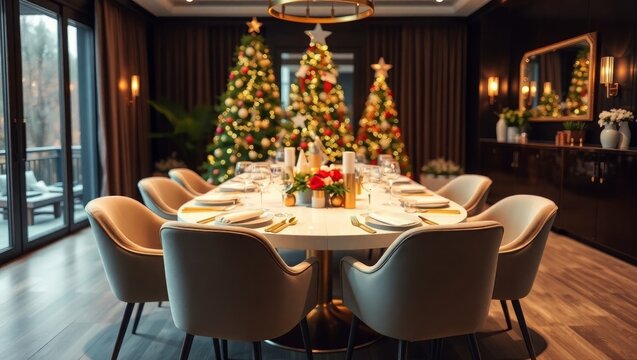 Elegant Christmas dinner setting with festive trees and warm lighting