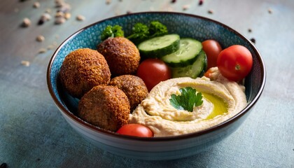 colorful bowl filled with crispy falafel creamy hummus sliced cucumbers cherry tomatoes and fresh herbs showcasing a healthy mediterranean meal perfect for lunch or dinner
