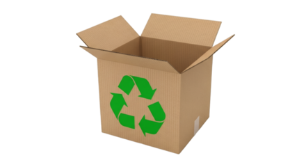 Cardboard box with green recycle logo isolated on transparent background