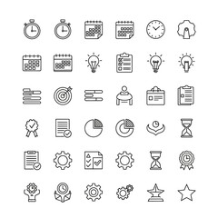Vector Line Art SVG Icon Set with Stopwatch Calendar Light Bulb and Gear Symbols in Minimalist Flat Style