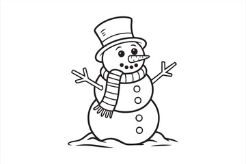 Cute black and white snowman illustration for coloring pages and festive art