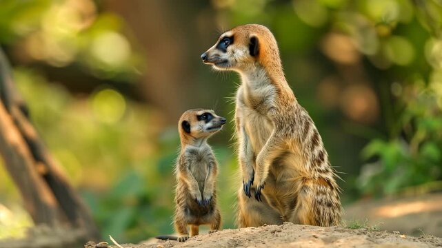 Meerkat calmly walking on bright green background with gentle light