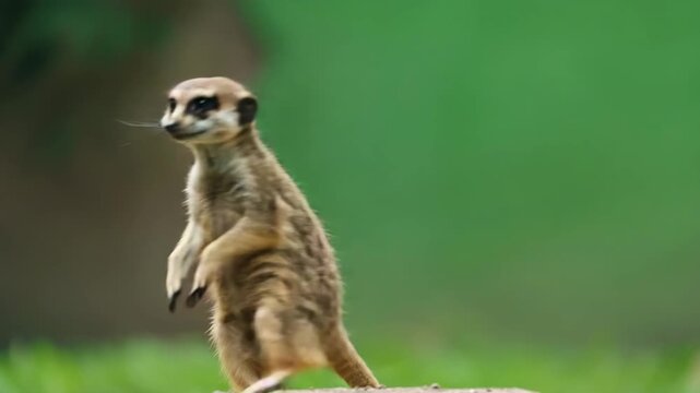 Lovely meerkat exploring vivid green environment in bright studio tone