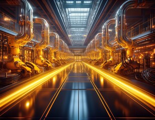a surreal visualization of an automated plant with glowing yellow lights outlining the pathways and robotic systems in motion