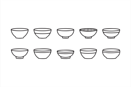 Black and white outline illustration of pottery bowls for tableware projects