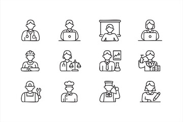 Fototapeta premium Black and white outline icons representing multiple jobs and professions