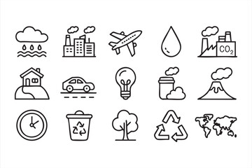 Black and white line art icons illustrating sustainability and global warming