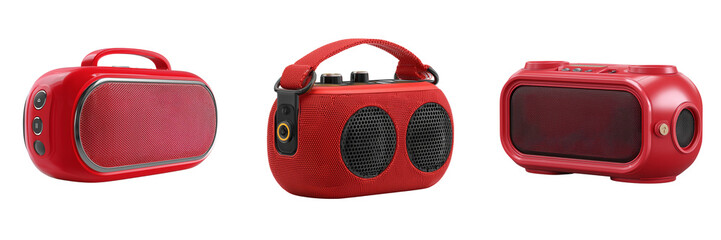 Set of Elegant minimalist Bluetooth speaker with brushed aluminum texture portable designt on transparent png background. Ai generated