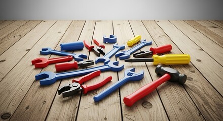 Colorful assortment of hand tools arranged on aged rustic wooden surface