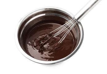 Melted chocolate and whisk in bowl isolated on white