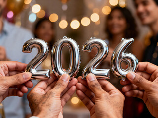 Hands Holding 2026 Silver Balloons at New Year Party Celebration