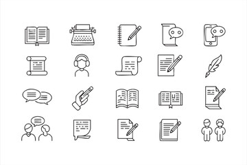 Writing and communication line art icon set for creative and educational design