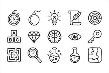 Black and white line illustration pack featuring keys, mazes, and lightbulbs for design use