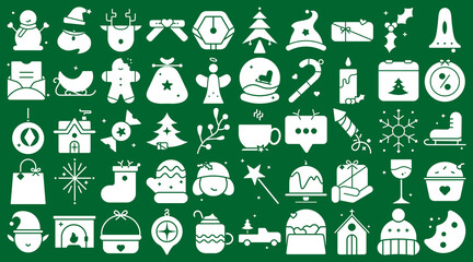 Christmas solid icon collection. Filled holiday symbols and festive elements. Santa claus, gift, tree, snowman, angel, bell and more — vector illustration.
