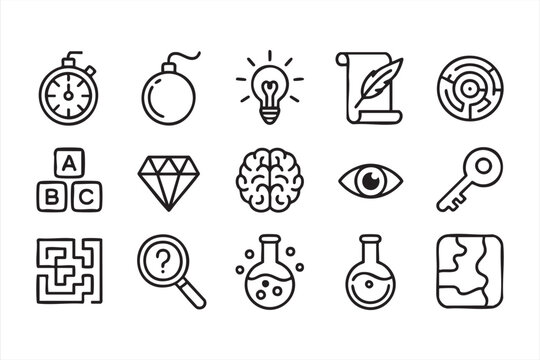 Black and white line illustration pack featuring keys, mazes, and lightbulbs for design use