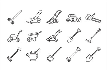 Minimal black and white vector icon set of shovels, rakes, and wheelbarrows