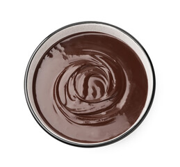 Melted chocolate in bowl isolated on white, top view