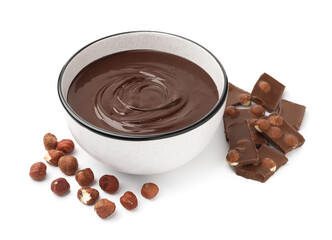 Melted chocolate in bowl, pieces and nuts isolated on white