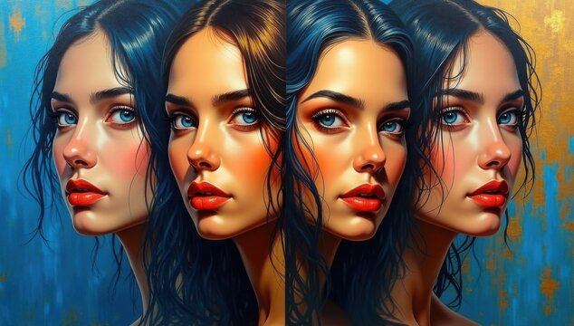 Cuatro rostros femeninos en un v&iacute;vido estilo abstracto azul y dorado, que expresan emociones intensas con pinceladas audaces y una composici&oacute;n art&iacute;stica moderna