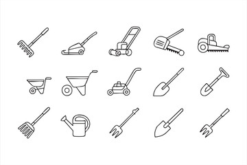 Lawn mower and garden tool vector icons for eco, work, and maintenance themes