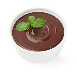 Melted chocolate with mint in bowl isolated on white