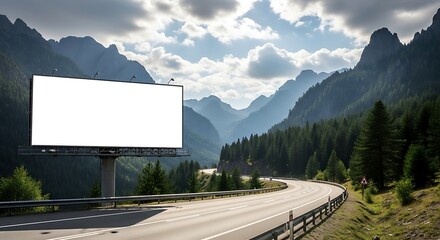 A blank billboard stands beside a scenic mountain road, offering a perfect space for advertising amidst natures beauty and a winding highway