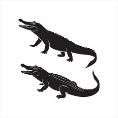 Two alligator crocodile silhouette illustrations dark reptile predators isolated on white