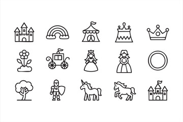 Fototapeta premium Minimal black and white vector icon set of unicorns, castles, and crowns