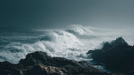 Powerful ocean waves crashing on rocks