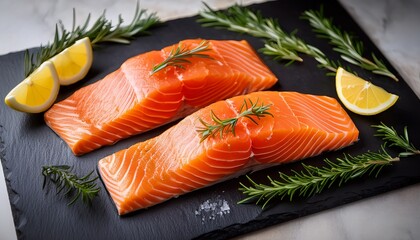 two vibrant salmon fillets are arranged on a slate board garnished with rosemary thyme and lemon slices creating a fresh and inviting cooking atmosphere