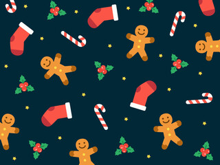 Fun Christmas pattern featuring gingerbread men, candy canes, socks, and mistletoe on deep blue background. Suitable for gift packaging or holiday product decoration.