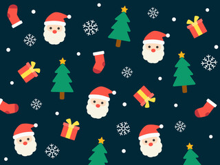 Playful seamless pattern of Santa, Christmas trees, socks, and gifts on dark blue background. Great for wrapping paper, notebooks, or party invitations.