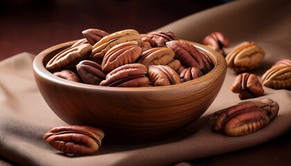 a wooden bowl filled with pecan nuts sits on a rich brown fabric the nuts showcase their textured shells and rich colors emphasizing their natural appeal and nutritional value