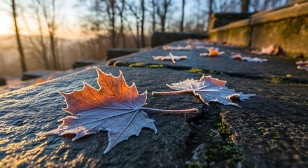 Autumn leaves resting on weathered stone with soft sunlight background