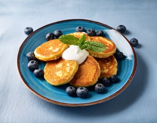 golden fritters are arranged on a blue plate surrounded by fresh blueberries and a dollop of yogurt sprigs of mint add a vibrant touch to this appetizing dish