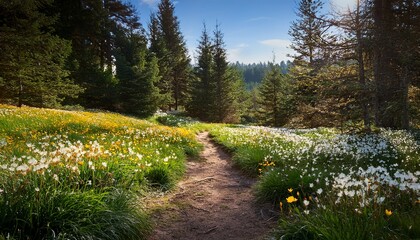 forest trail with white and yellow flowers