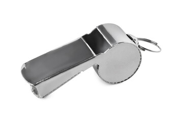 One metal whistle isolated on white. Swimming lifeguard's accessory