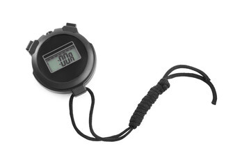 Black digital stopwatch with cord isolated on white, top view. Swimming tool