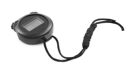 Black digital stopwatch with cord isolated on white. Swimming tool