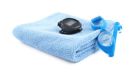 Blue towel, goggles and digital stopwatch isolated on white. Swimming tools