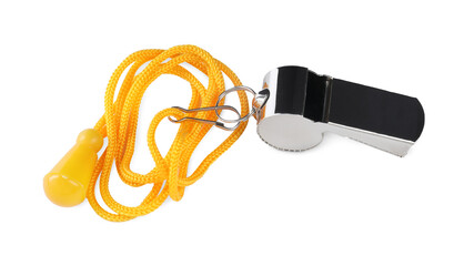 One metal whistle with yellow cord isolated on white. Swimming lifeguard's accessory