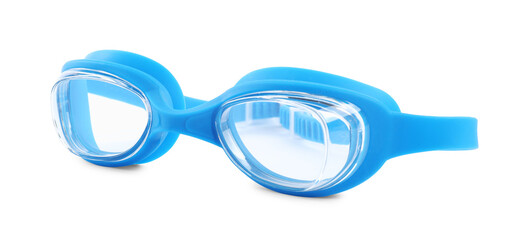 Blue swim goggles isolated on white. Protective eyewear
