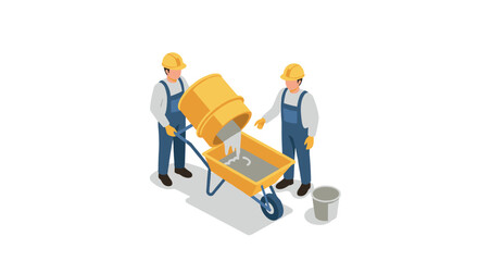 Construction workers pouring cement into wheelbarrow isometric illustration