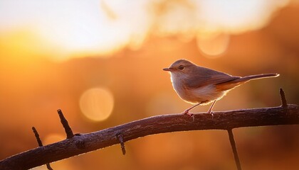 small bird perched on a branch at sunrise or dawn hours with warm light and bokeh effect in the background image shot outdoors in natural light focus on the bird and branch a beautiful scene bird
