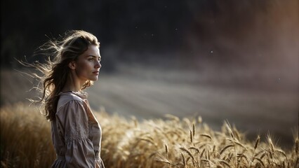 Portrait of a woman in wheat field at sunset golden hour photography