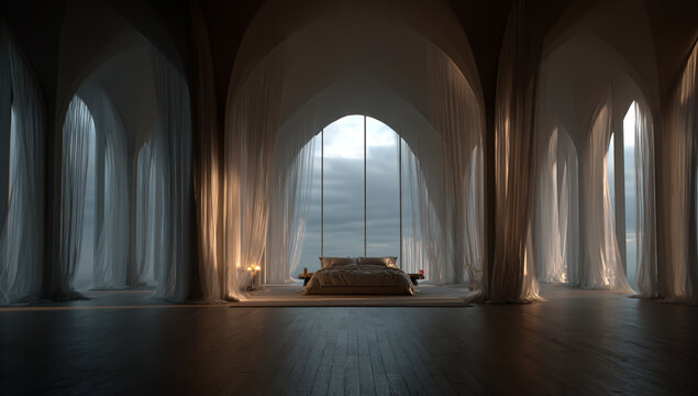 A luxurious bedroom with a large bed and arched windows with sheer curtains